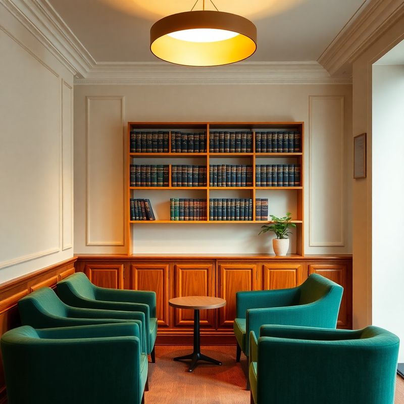 Interior al biroului de consultanță cu fotolii verde-pădure și pereți crem